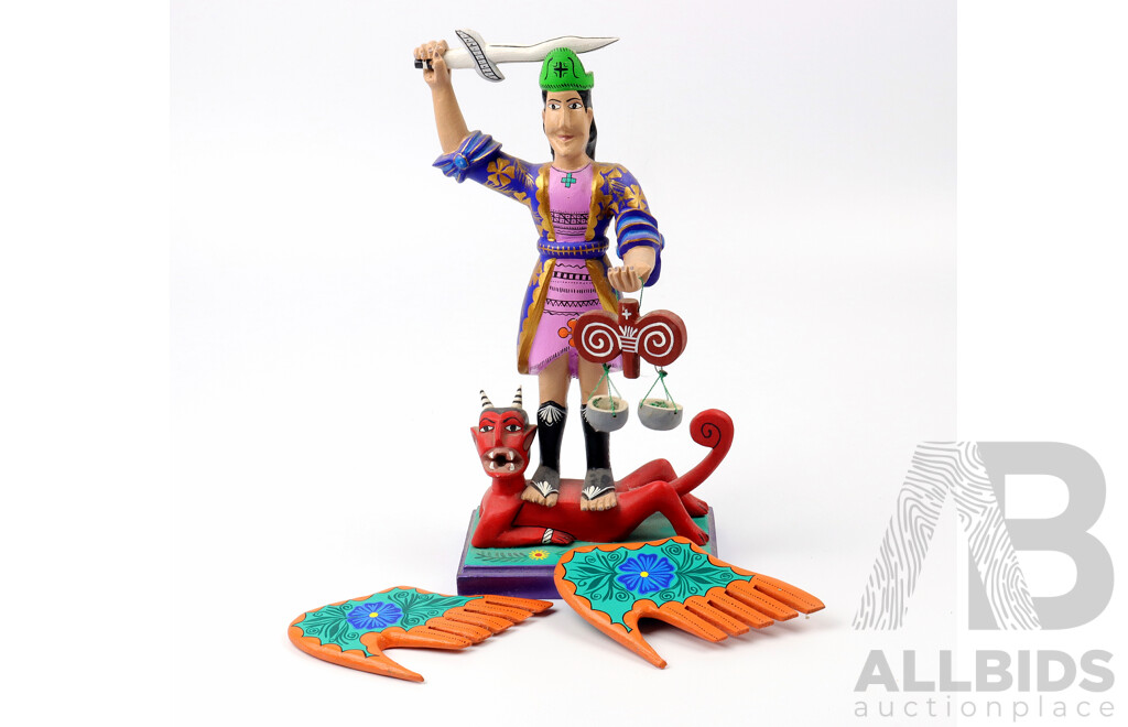 Hand-Painted Mexican Timber Figure of San Miguel, San Augustin De Las Juntas Oaxaca Together with Folk Art Combs