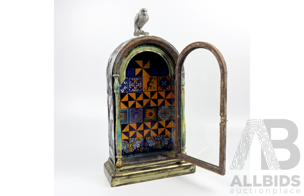 Trevor Dunbar, Small Display Case Made From Pressed Metal, Hand-Painted Tiles and Found Objects