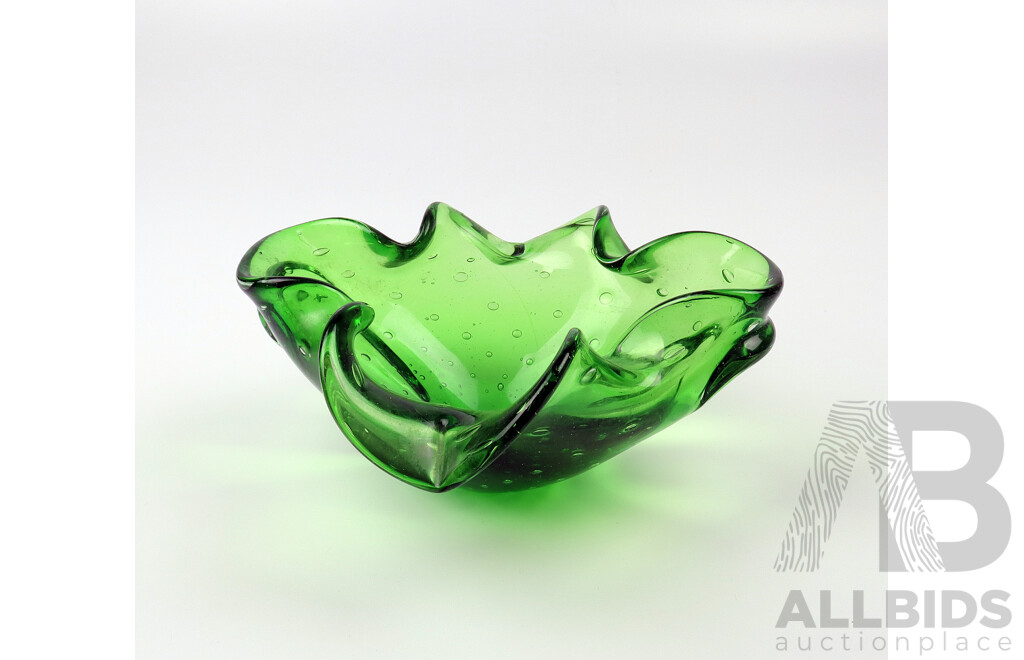 Vintage Murano Green Glass Sweet Dish with Fluted Edge
