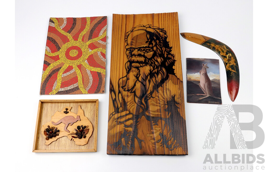 Collection of Australiana including a Painted Boomerang, Aboriginal Timber Relief Portrait and More (4)