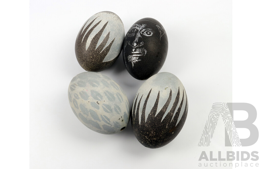 Four Etched & Hand-Painted Emu Eggs