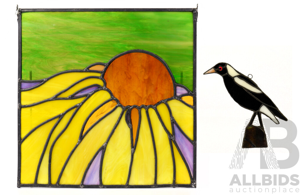 Two Pieces of Australian Stained Glass - Flower & Magpie