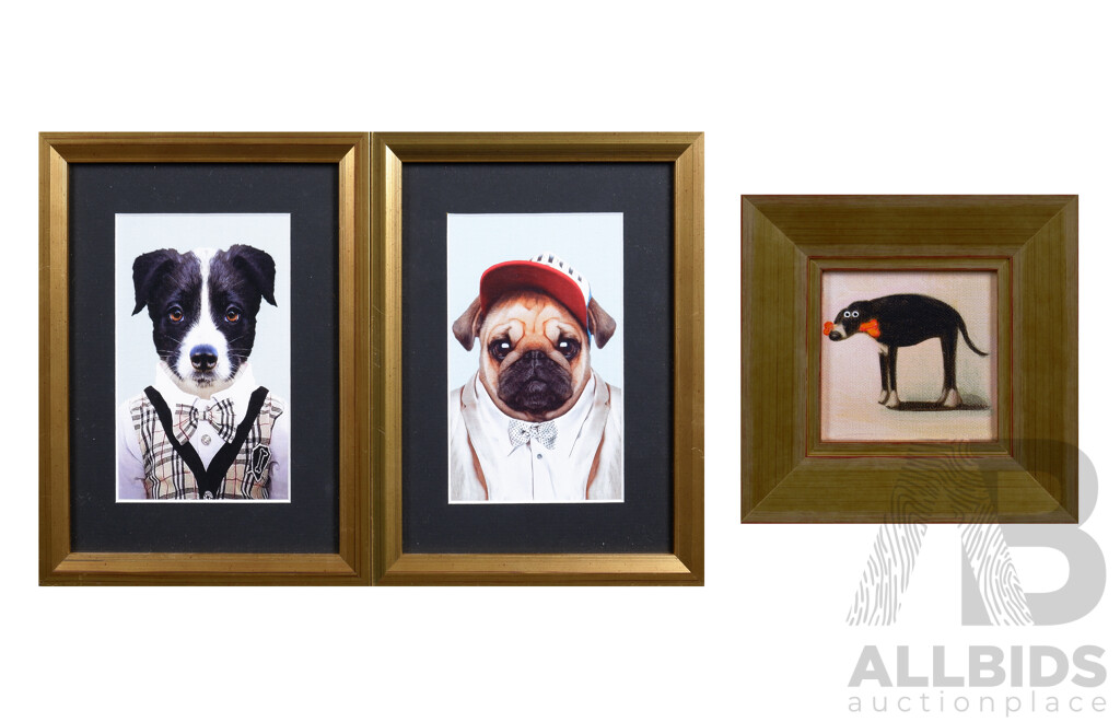 Pair of Framed Novelty Dog Prints Together with Miniature Oil Painting Painting of a Dog with a Bone (3)
