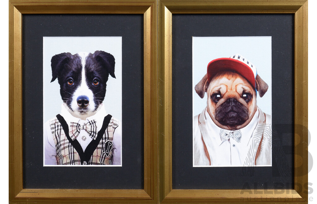 Pair of Framed Novelty Dog Prints Together with Miniature Oil Painting Painting of a Dog with a Bone (3)