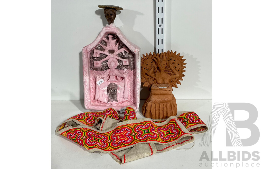 Collection of Two Mexican Style Decorative Homewares and a Bright Cotton Embroidered Belt