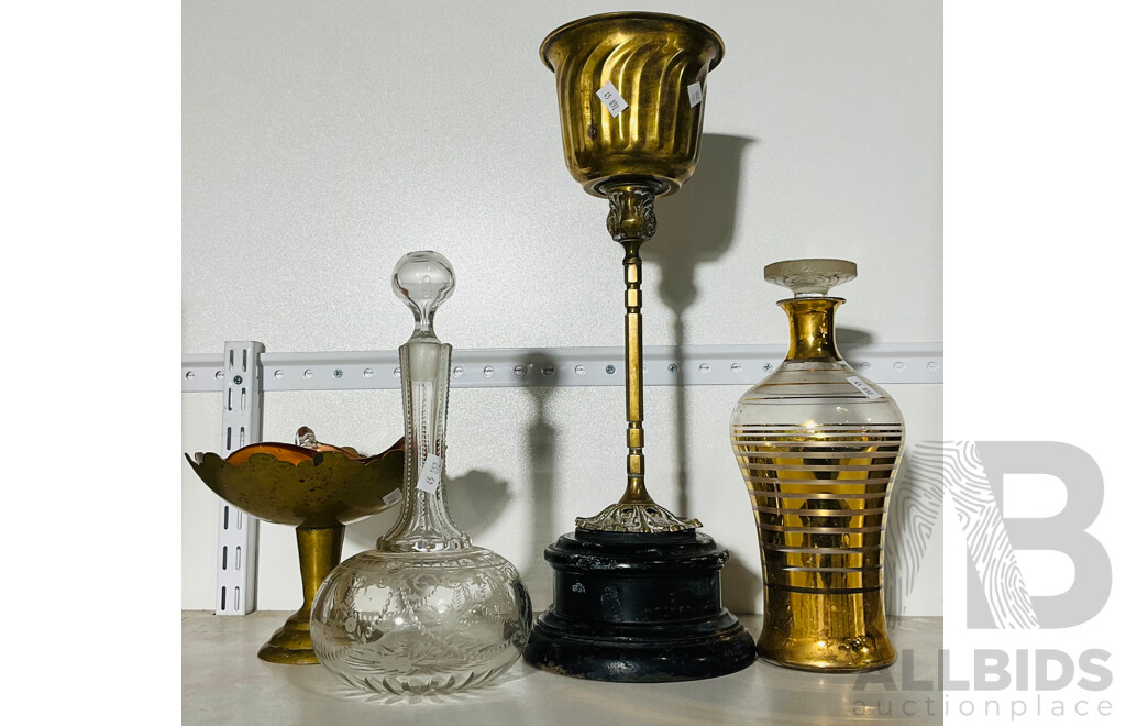 Collection of Decorative Homewares Including Small Brass Mounted on Wood Jardiniere, Two Decanters with Stoppers and More