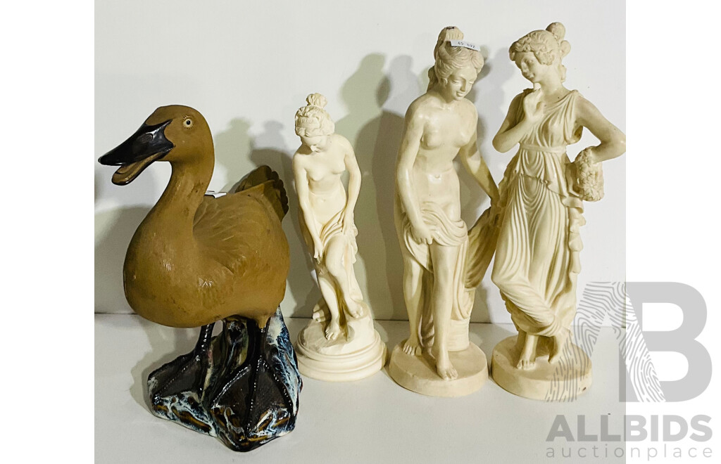 Trio of Three Renaissance Women Figurines and a Ceramic Duck