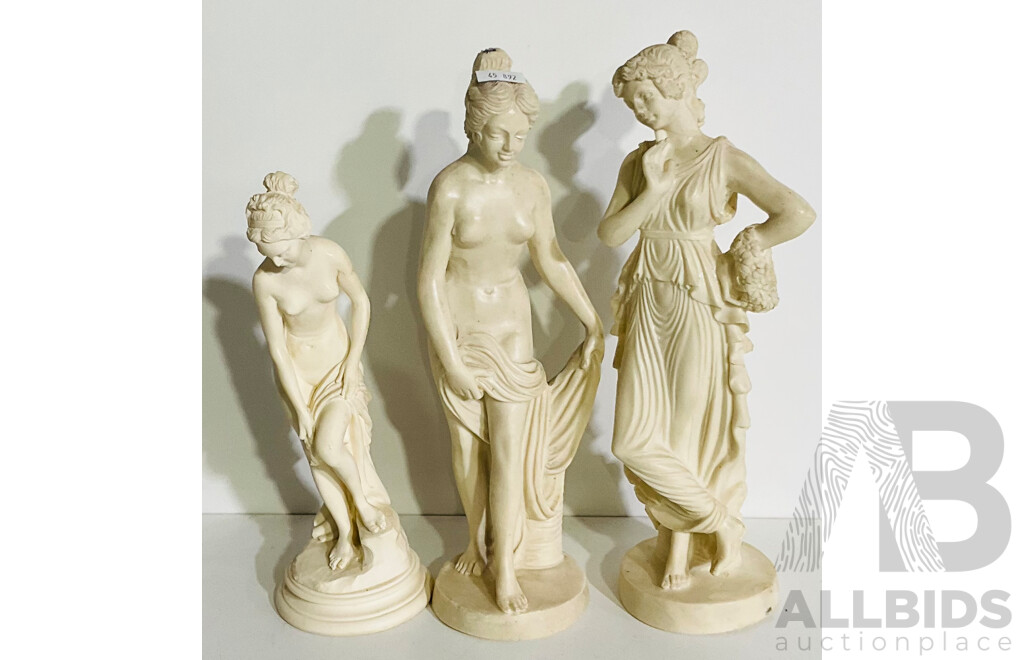 Trio of Three Renaissance Women Figurines and a Ceramic Duck