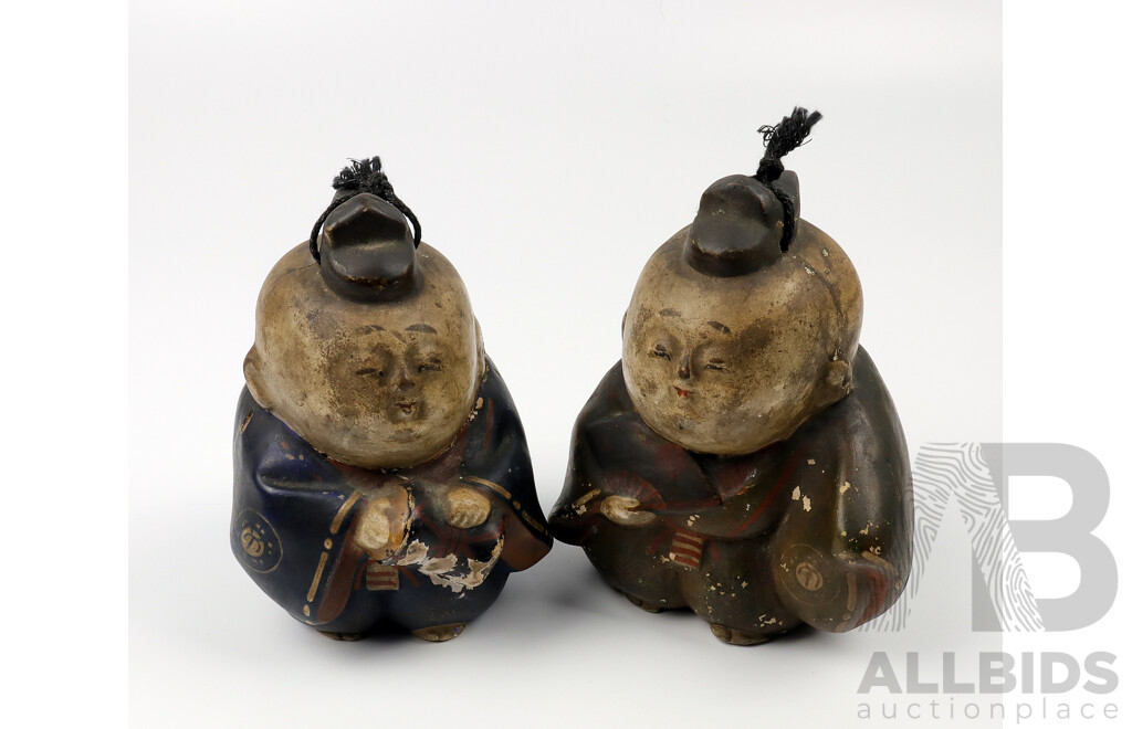 Pair of Japanese Fukusuke Dolls, Painted Resin (2)