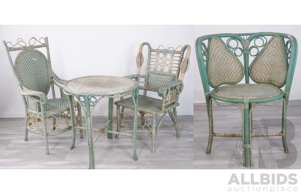 Antique Cane Patio Setting in Teal and White