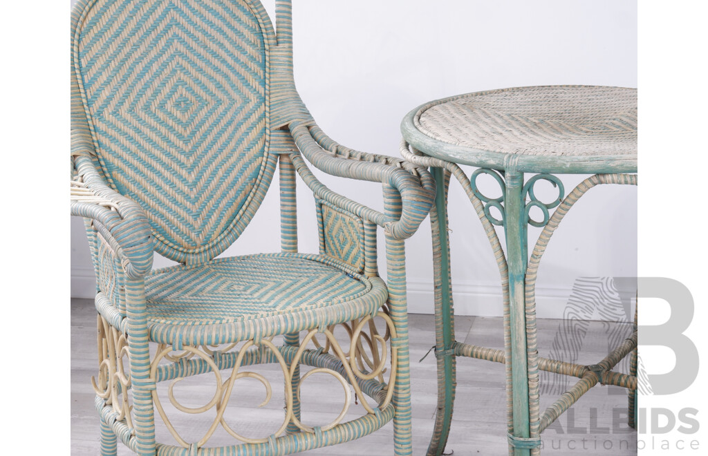 Antique Cane Patio Setting in Teal and White