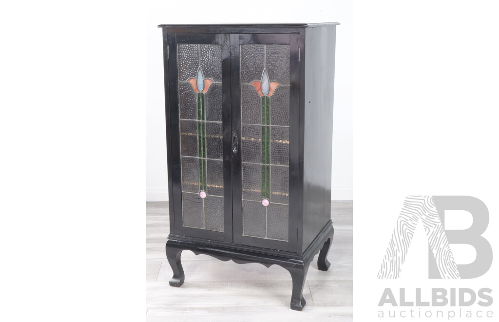 Vintage Cabinet with Leadlight Glass Doors and Gloss Black Finish