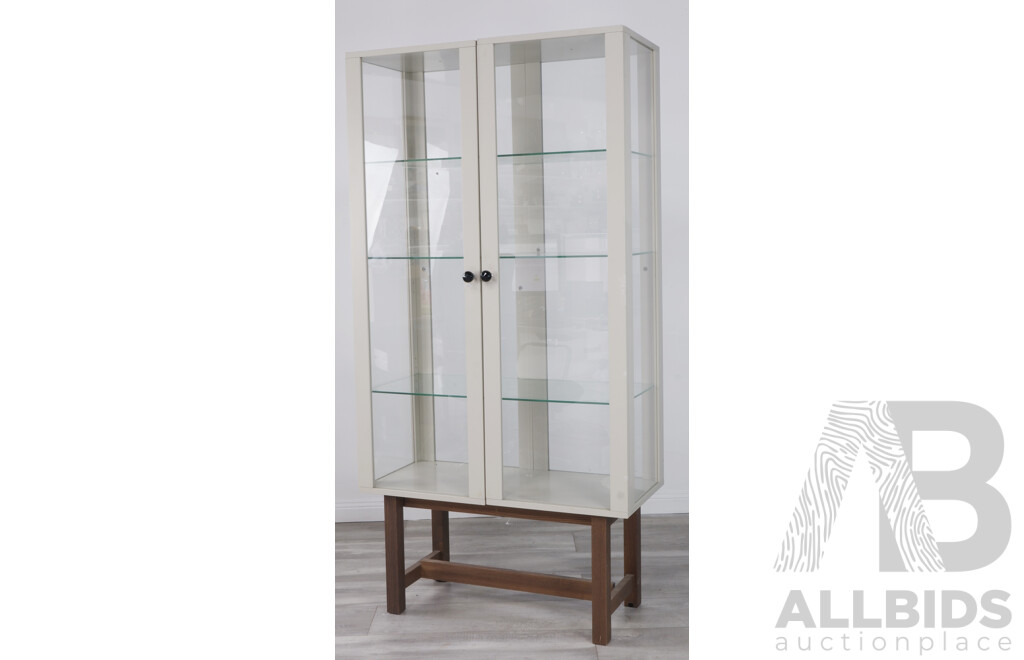 Modern Glass Display Cabinet in Light Grey and Timber Base