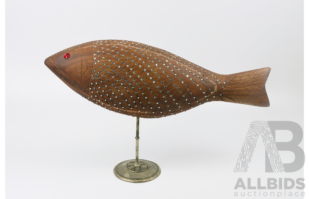 Vintage Decorative Embellished Timber Fish on Metal Stand