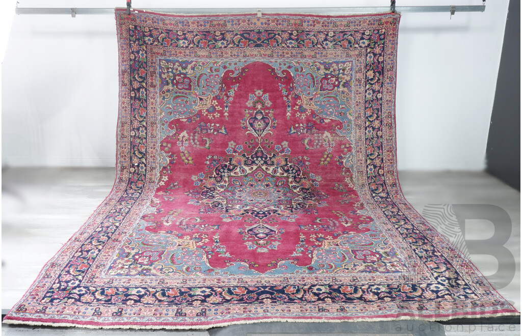 Vintage Hand Knotted Persian Wool Main Carpet with Classical Book Cover Design