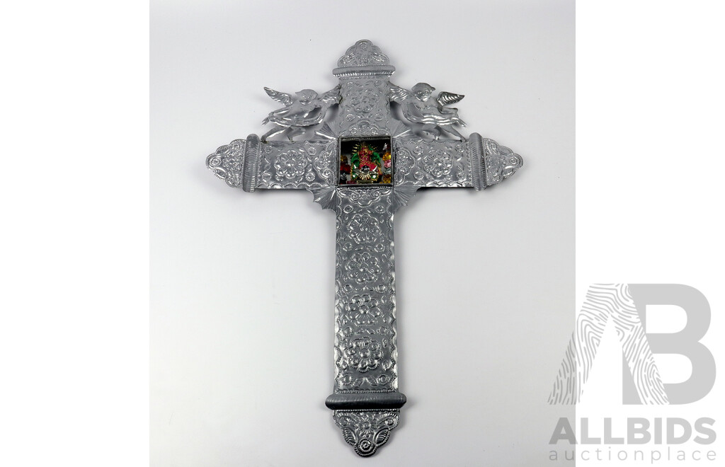 Mexican Pressed Metal Crucifix with Icon Window