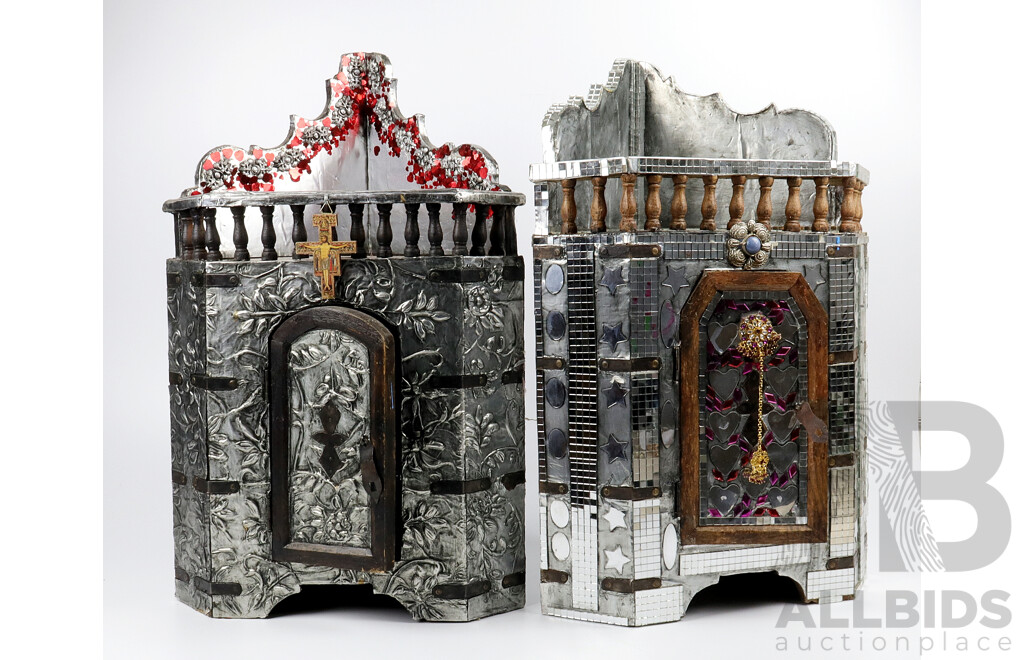 Trevor Dunbar, Pair of Timber & Pressed Metal Corner Cabinets with Mirrored Interior and Found Objects
