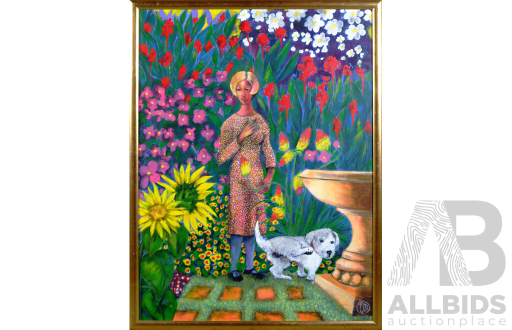 Trevor Dunbar, Woman & Dog in a Garden, Acrylic on Board