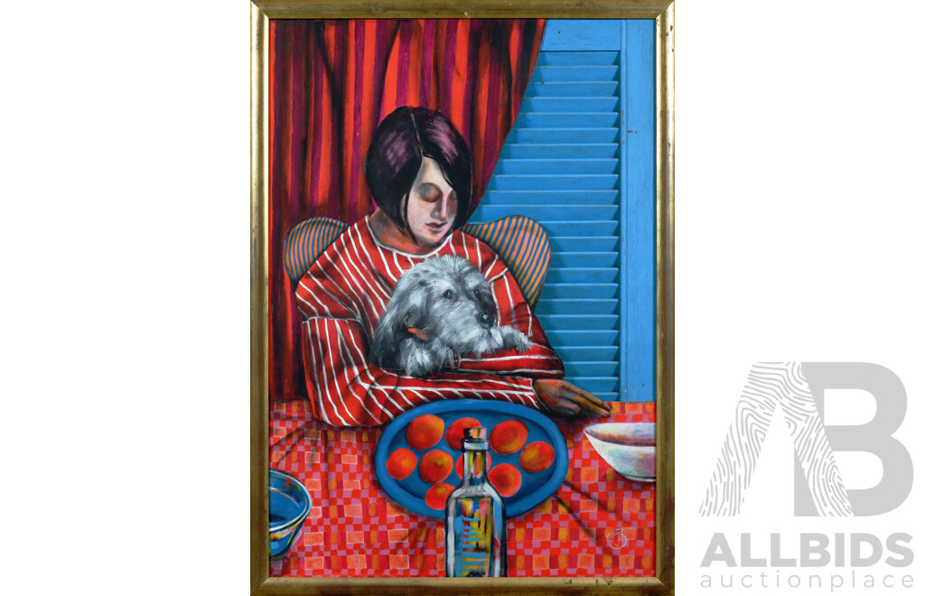 Trevor Dunbar, Woman and Dog by a Window, Mixed Media