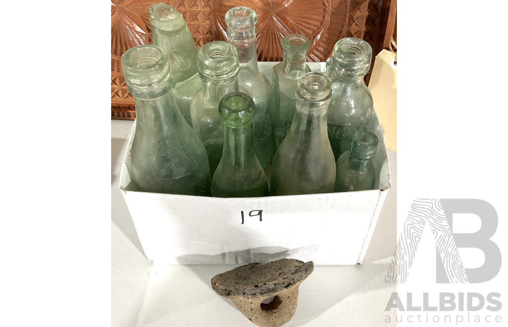 Collection of 10 Named Antique Glass Bottles Together with a Broken Piece of Roman Pottery From at Barton on Humber, England