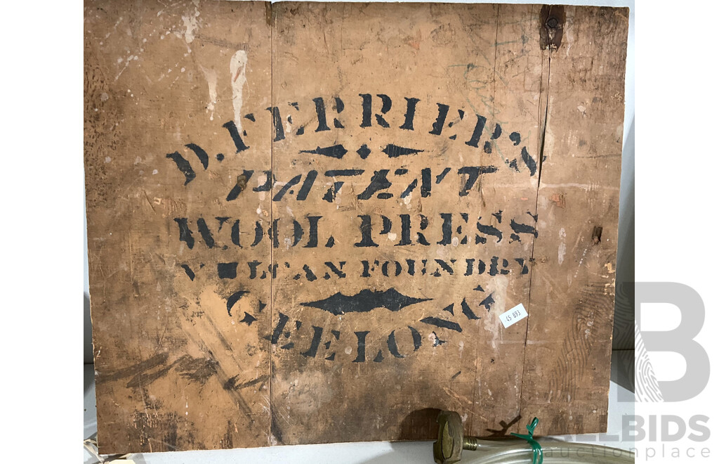 Antique Signage Cut From Original Top Box of a Ferrier Two-Man Box Woolpress, C. 1880-90