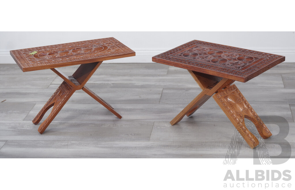 Two Chip Carved Collapsible Wooden Small Side Tables From Comoros, Indian Ocean C.1983