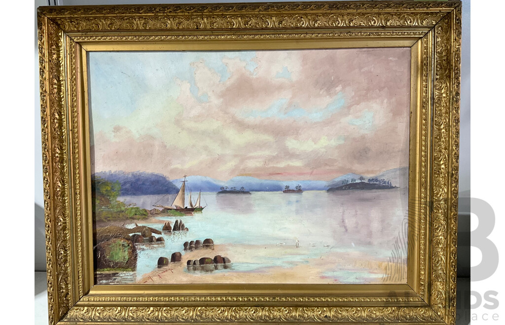 Antique Gilt Frame with Oil on Board Coastal Scene with Small Boats and Islands, Signed M Graham