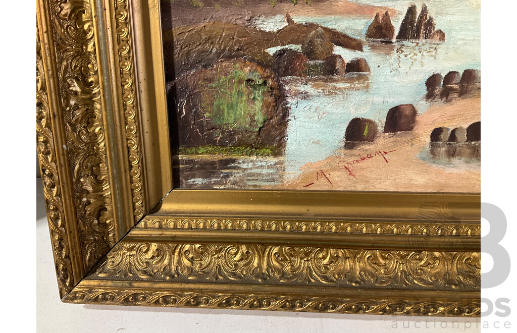 Antique Gilt Frame with Oil on Board Coastal Scene with Small Boats and Islands, Signed M Graham