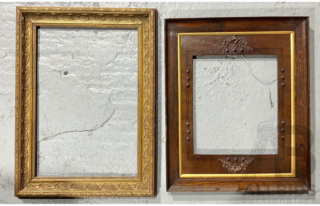 Two Antique Picture Frames, One Gilded and One Polished Timber with Decorations