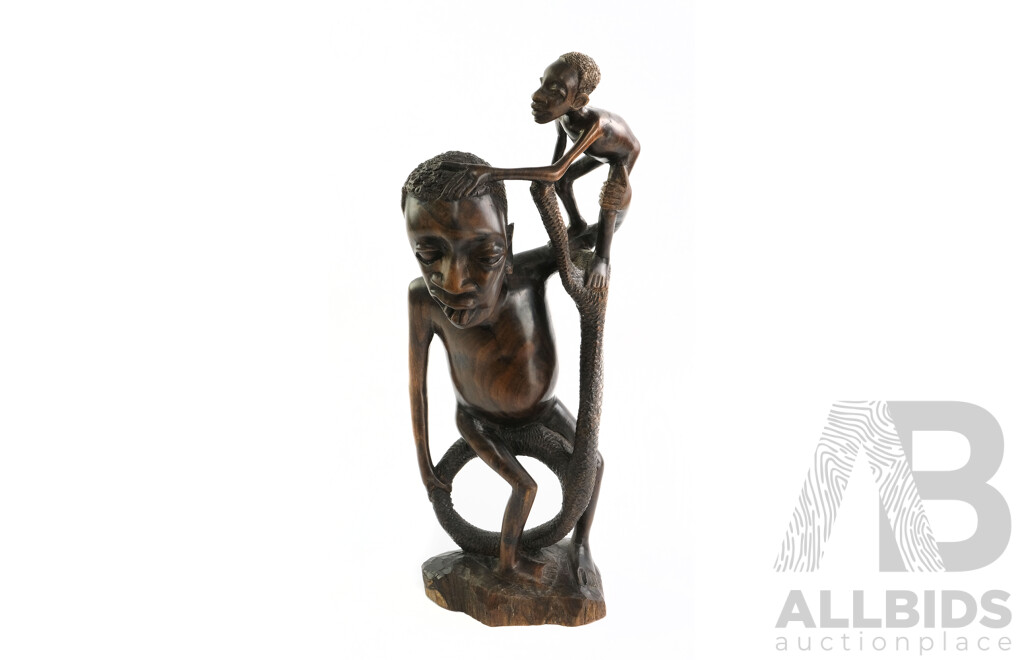 Hand Carved African Tanzanian Ebony Wood Old Man and Child Figure, From Bagamoyo 1985