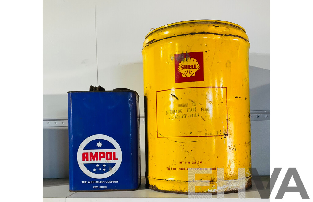 Vintage Yellow Metal Shell Branded Fuel Drum and Vintage Blue Metal Ampol-branded 5 Litre Fuel Can
