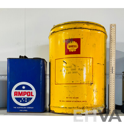 Vintage Yellow Metal Shell Branded Fuel Drum and Vintage Blue Metal Ampol-branded 5 Litre Fuel Can