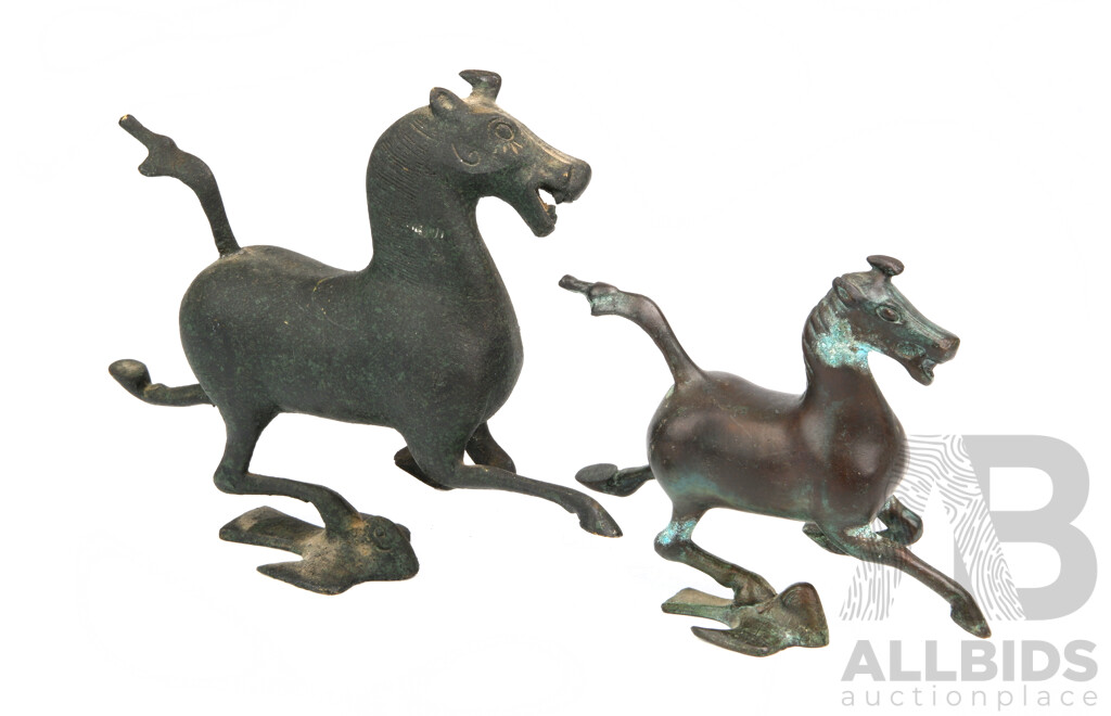 Two Bronze Chinese Archaic Style Equine Figures