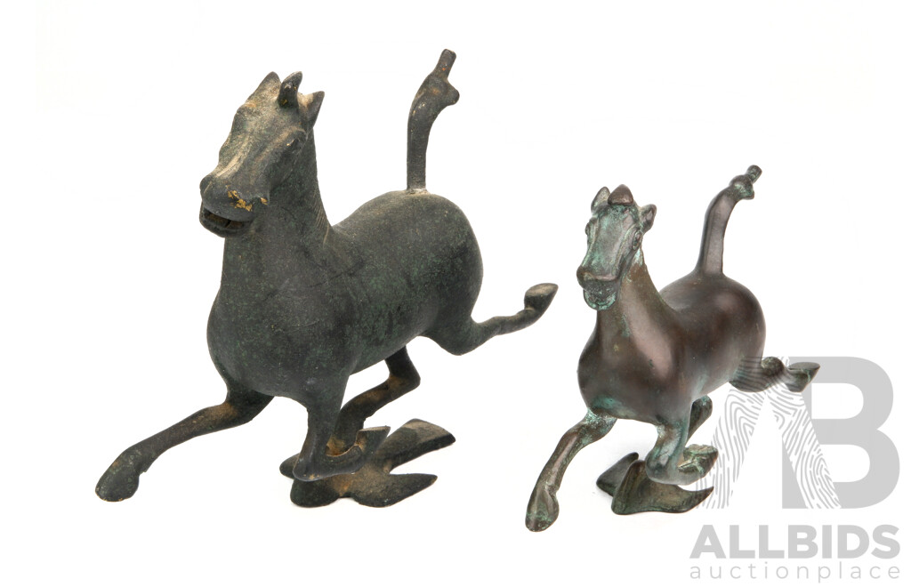 Two Bronze Chinese Archaic Style Equine Figures