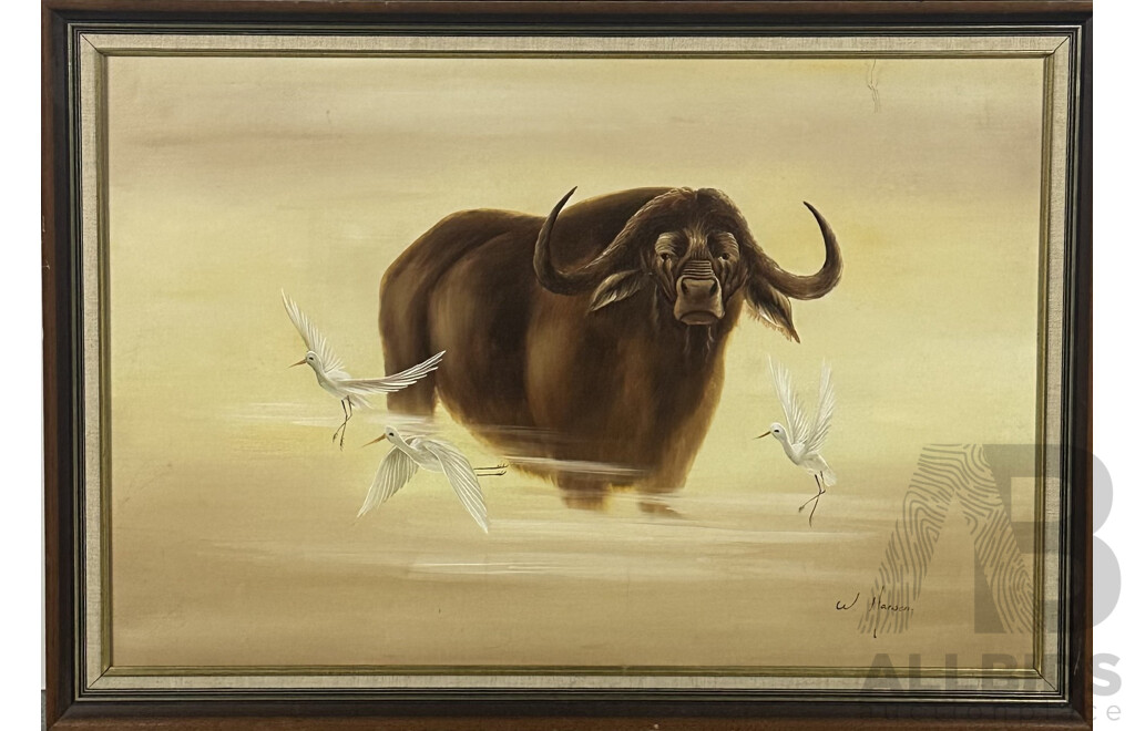 W. Hansen, Water Buffalo with Birds, Oil on Canvas, 71 X 100 Cm (frame)