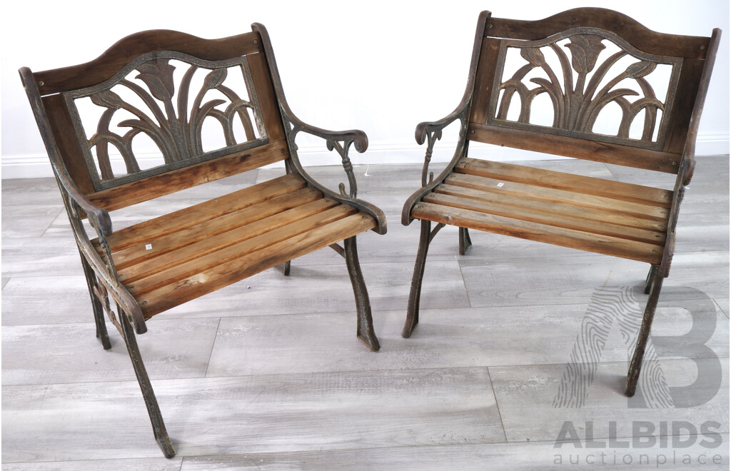 Pair of Cast Iron and Timber Garden Chairs
