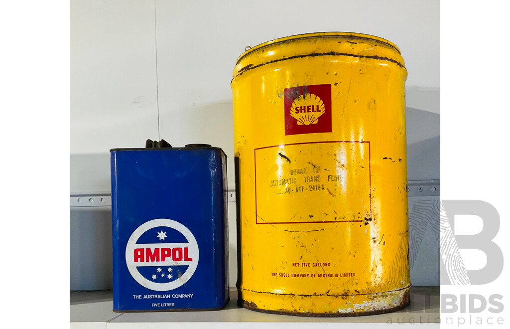 Vintage Yellow Metal Shell Branded Fuel Drum and Vintage Blue Metal Ampol-branded 5 Litre Fuel Can