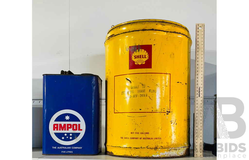 Vintage Yellow Metal Shell Branded Fuel Drum and Vintage Blue Metal Ampol-branded 5 Litre Fuel Can