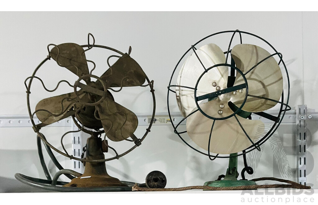 Pair of Vintage Corded Electrical Desk Fans - One with Damaged Power Cord