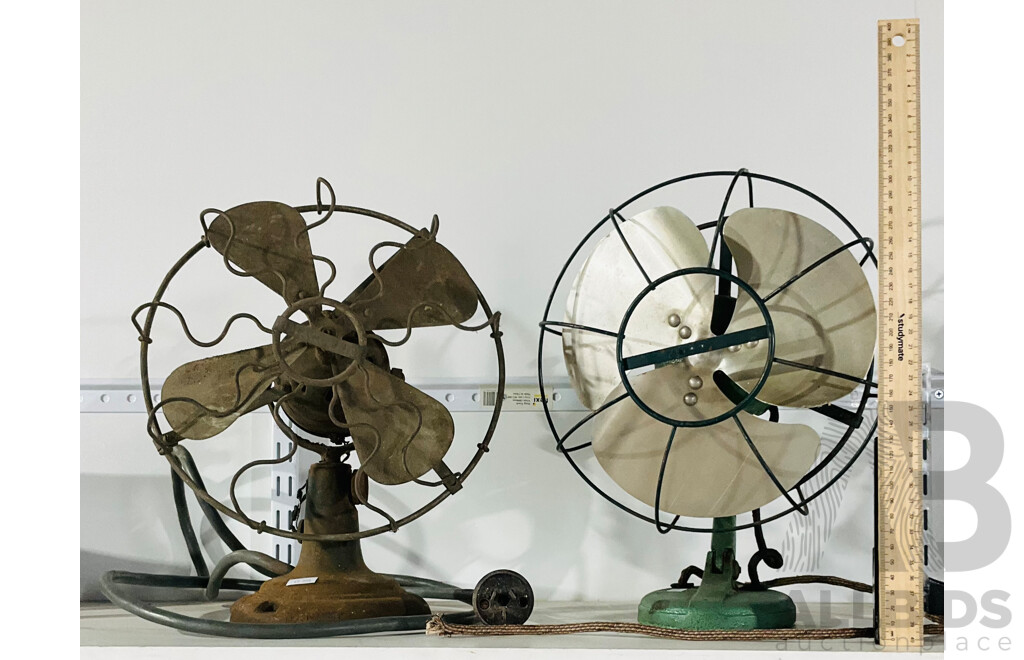 Pair of Vintage Corded Electrical Desk Fans - One with Damaged Power Cord