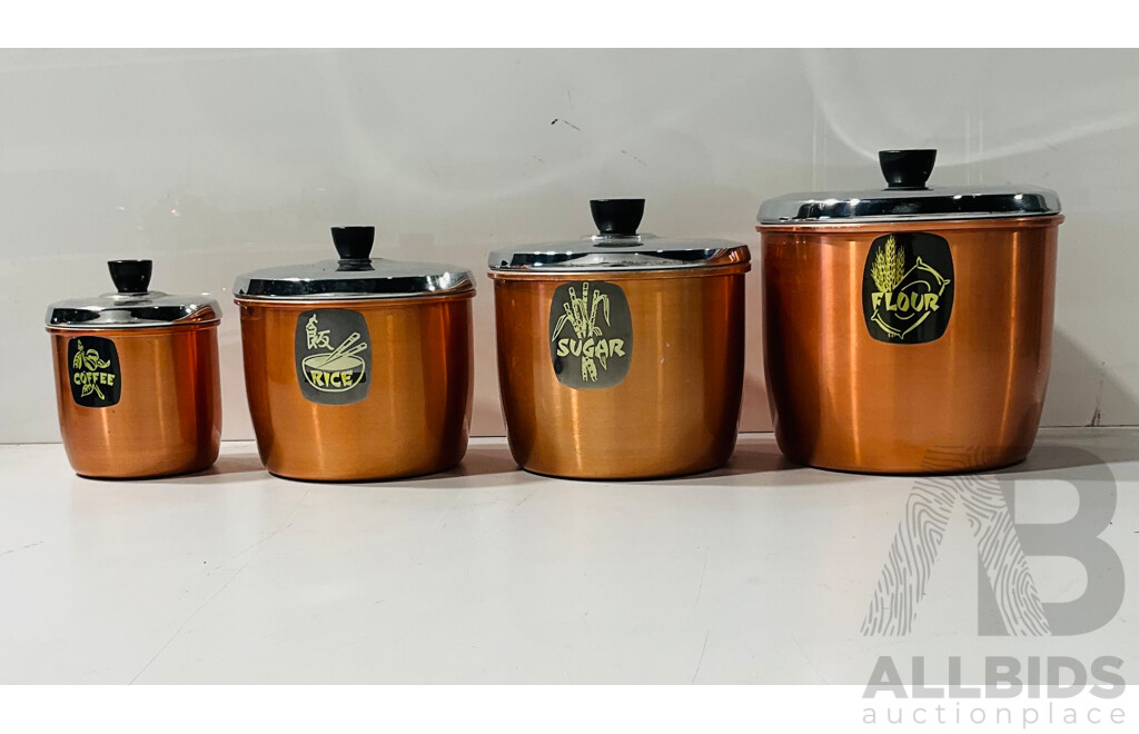 Set Four Vintage Australian Raco Anodized Aluminum Lidded Kitchen Canisters