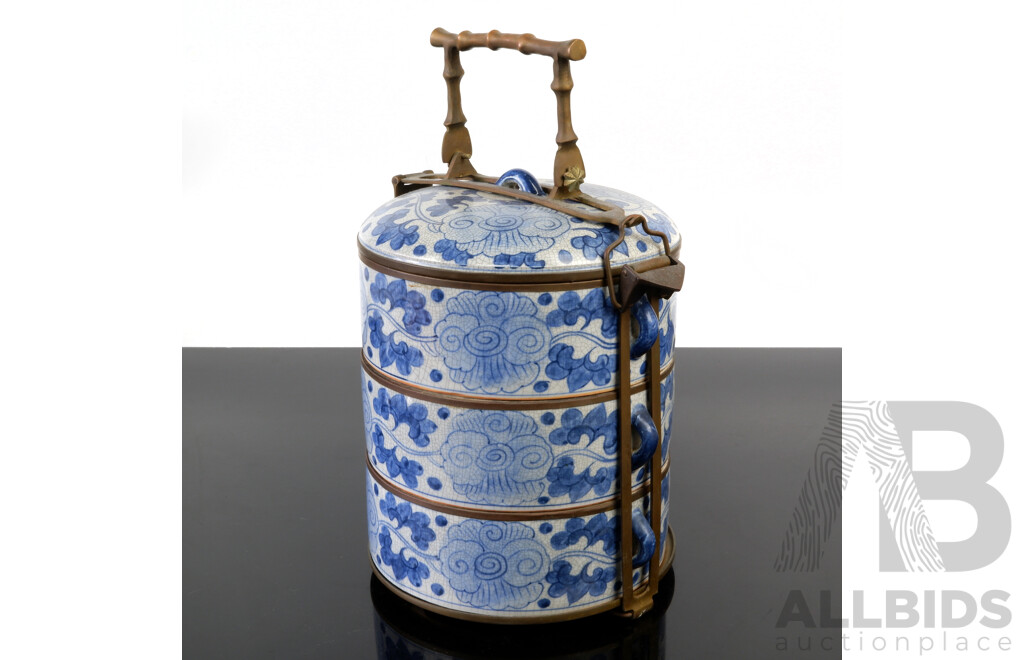 Chinese Blue and White Crackle Glazed Three Compartment Canister with Copper Frame