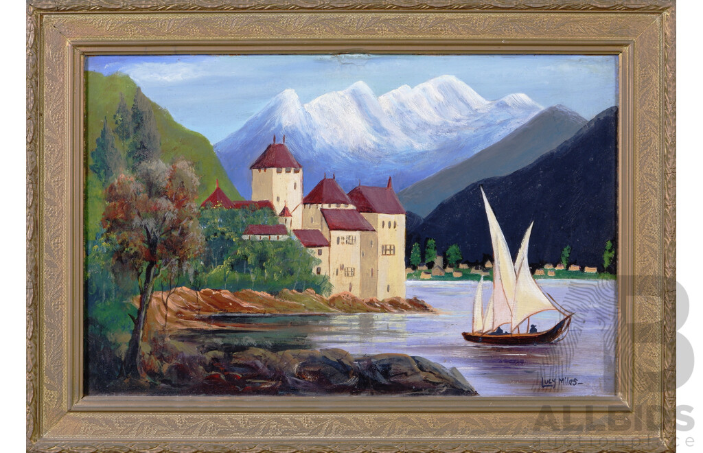 Lucy Miles, (Date Unknown), Château De Chillon and Dents Du Midi [Teeth of the South], Switzerland, Vintage Oil on Board, 39 x 55 cm (frame)