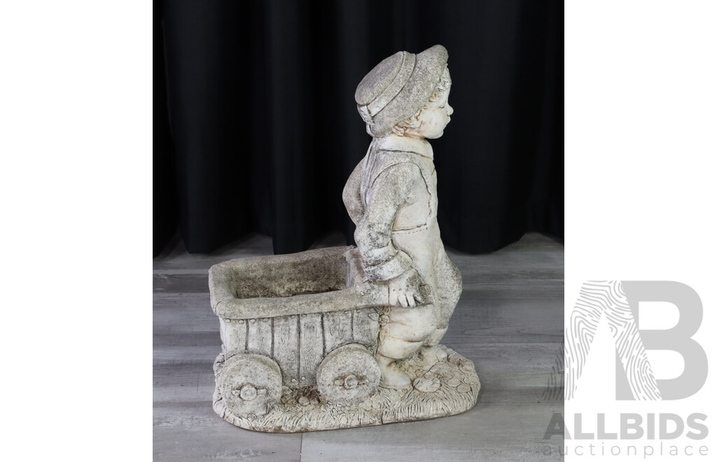 Concrete Garden Statue of a Boy and Cart