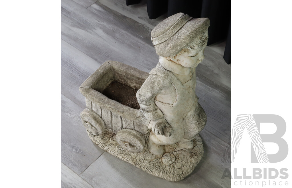 Concrete Garden Statue of a Boy and Cart