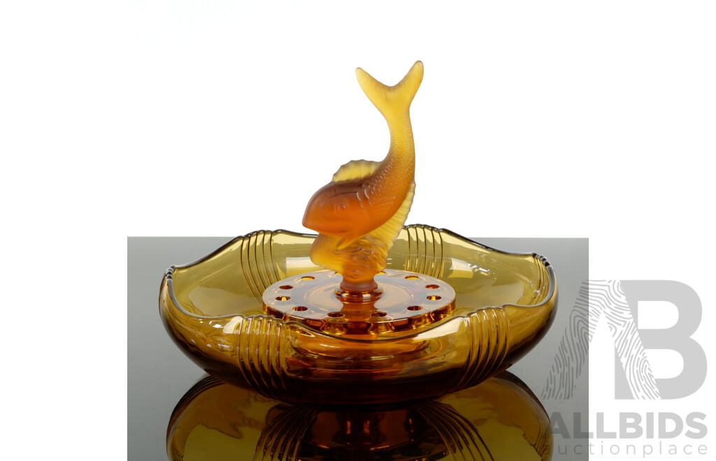 Vintage Art Deco Amber Glass Float Bowl with Glass Flower Frog and Diving Fish