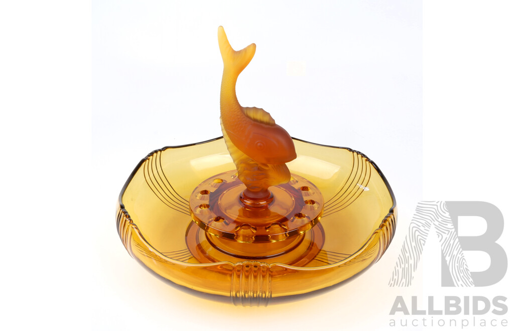 Vintage Art Deco Amber Glass Float Bowl with Glass Flower Frog and Diving Fish