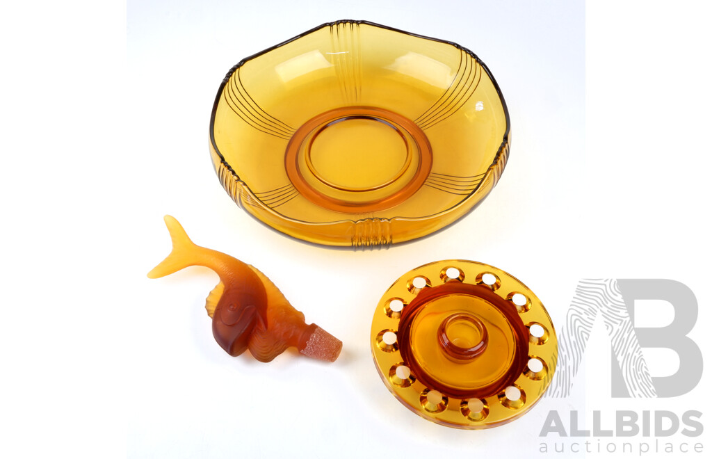 Vintage Art Deco Amber Glass Float Bowl with Glass Flower Frog and Diving Fish