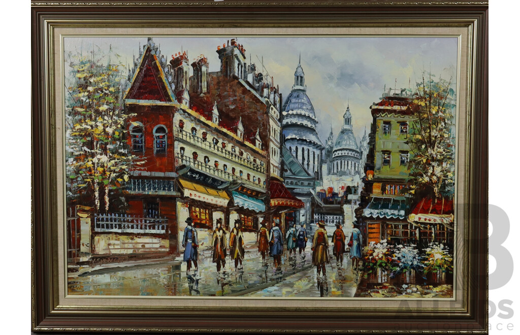 N. Spence, (20th Century), Busy French Street Scene, Oil on Canvas Board, 79 x 109 cm (frame)