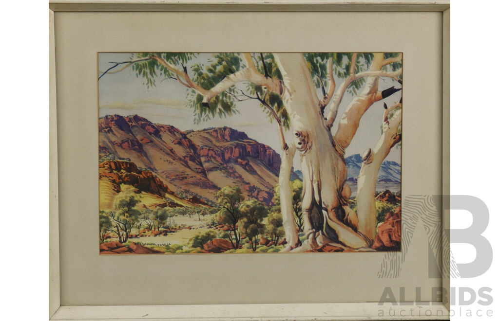 Albert Namatjira, (Indigenous-Australian, 1902-1959), West of Temple Bar Gap, Central Australia, Quality Vintage Print of the Original Watercolour, 42 x 53 cm (frame)